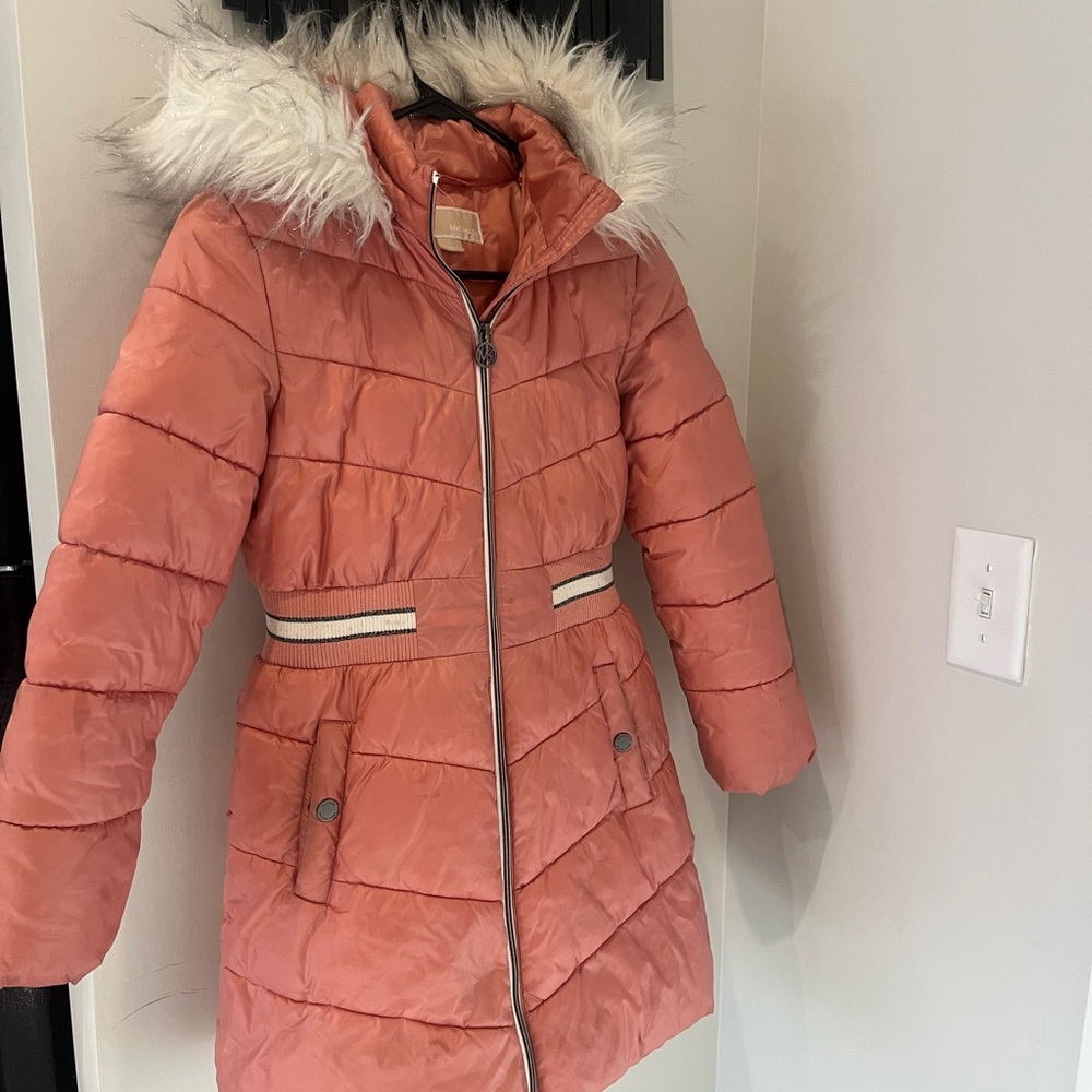 Michael Kors Kids Puffer Jacket in Coral with Faux Fur Hood